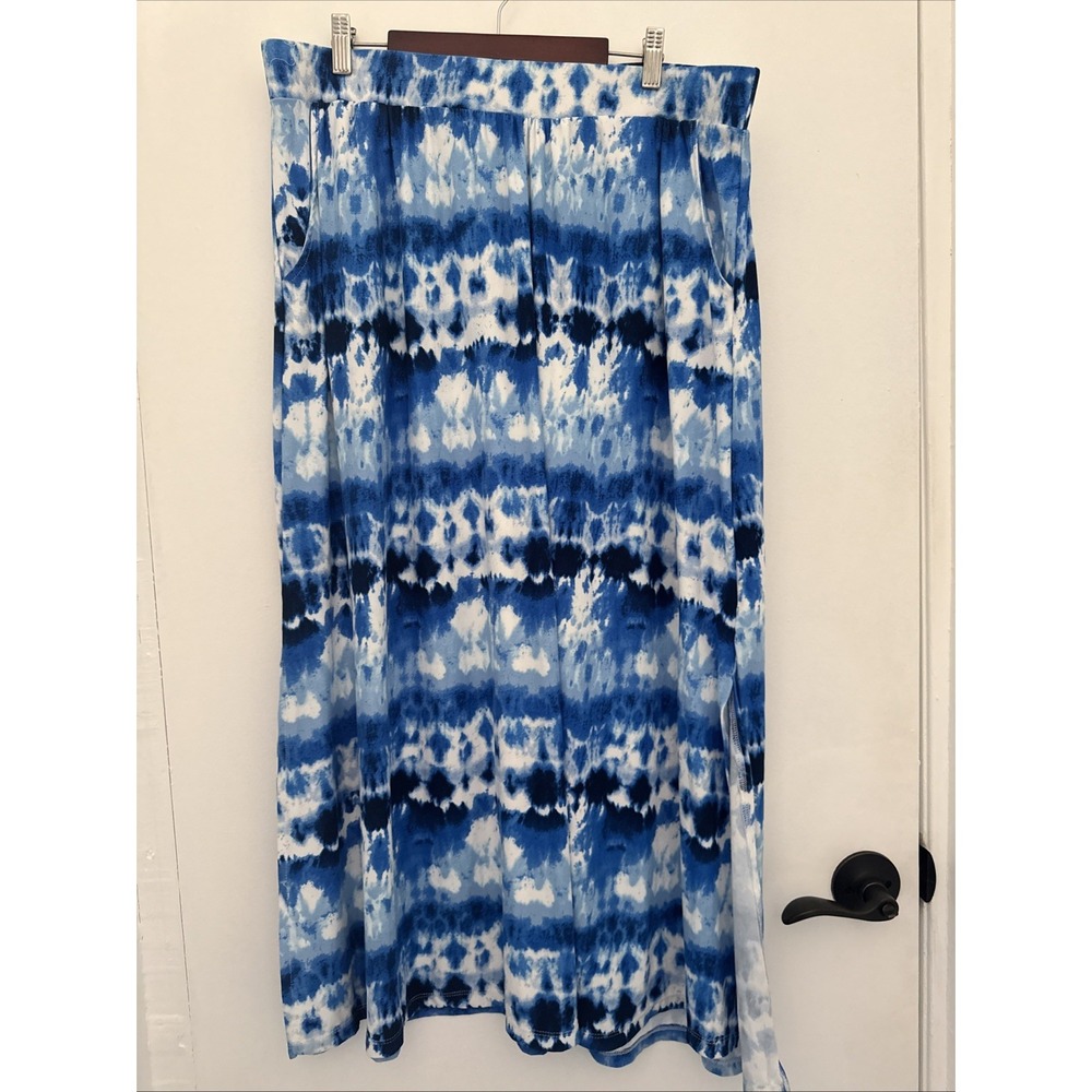Terra & Sky Womens 1X Blue Tie Dye Soft Knit Maxi Skirt Pockets Boho Hippie